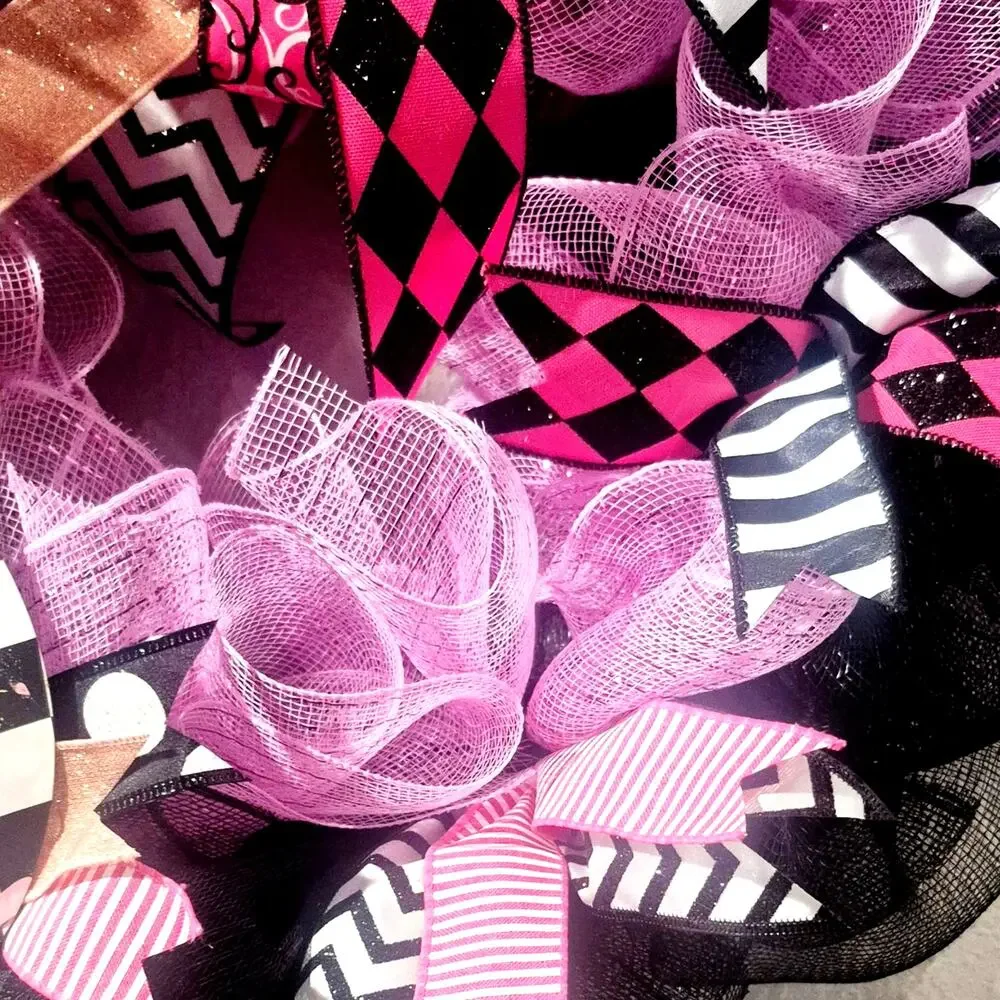 Wreath Rabbit flowers Valentines, Easter, Spring, Summer SIGN Ribbon pink black